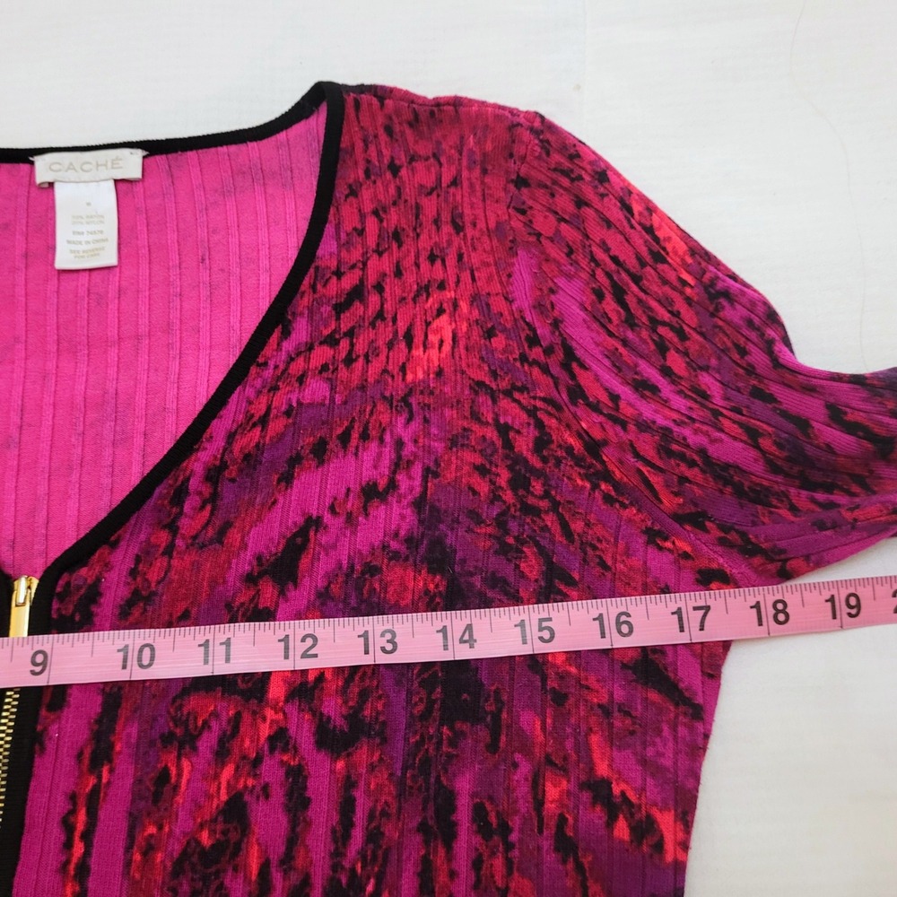 VTG Y2K Cache Fuchsia Black Abstract Ribbed Knit Slim Fit Full Zip Sweater M - Picture 6 of 7